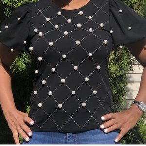 Black Pearl-Embellished Puff Sleeve Top